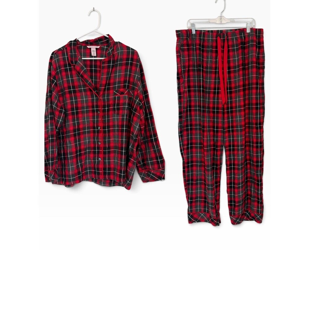 Vintage Victoria's Secret Christmas Pajama Set XL Red Black Plaid Sleepwear